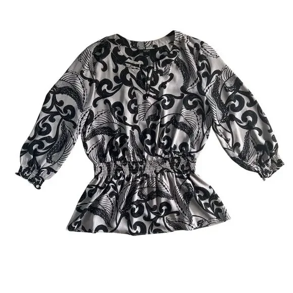 Alfani Petite Blouse 10P Black Beige Print Peplum Waist 3/4 Sleeve - Picture 1 of 5